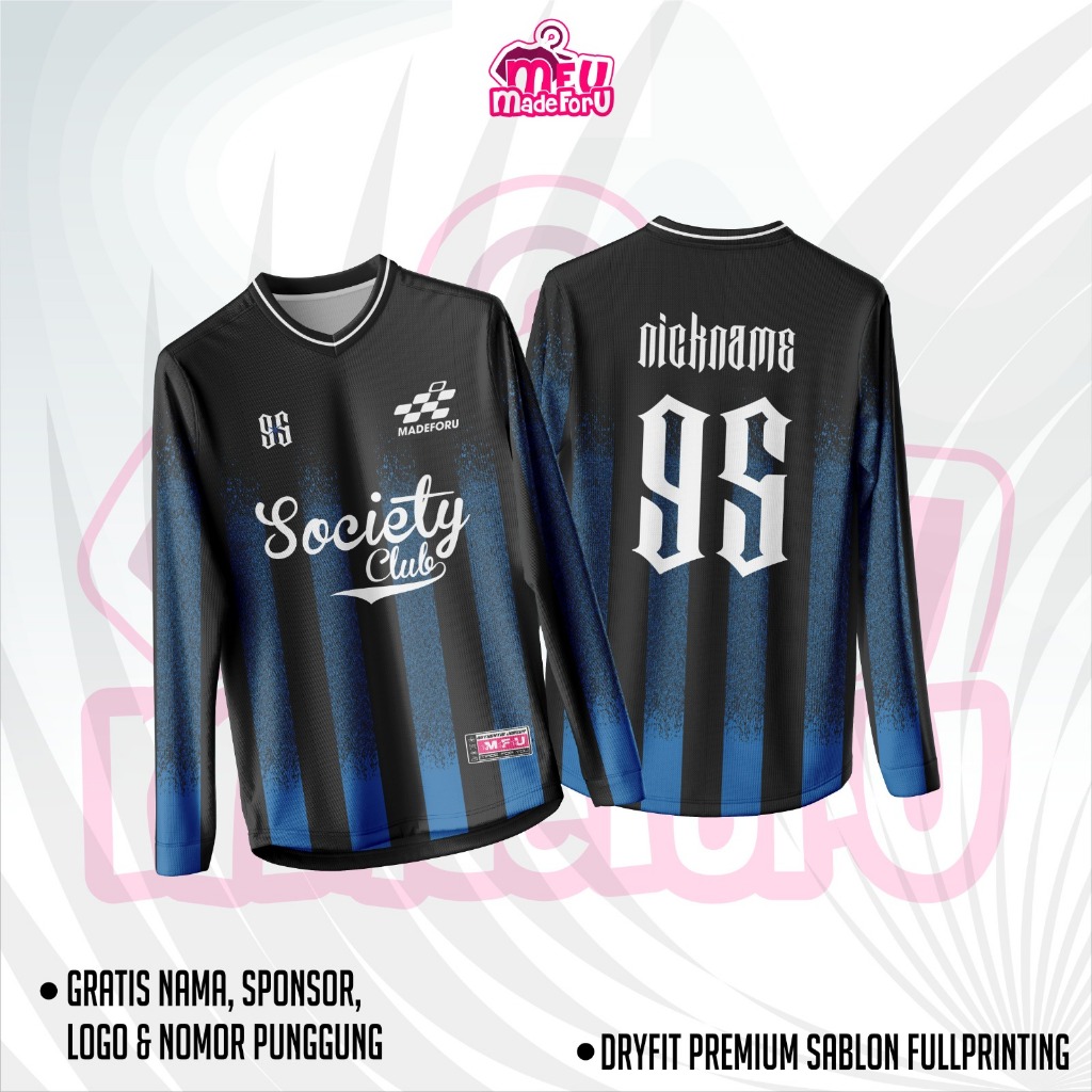 Jersey Custom Wanita/Pria SOCIETY CLUB HITAM BIRU Lengan Panjang Kerah V Neck - Gratis Custom Nama N