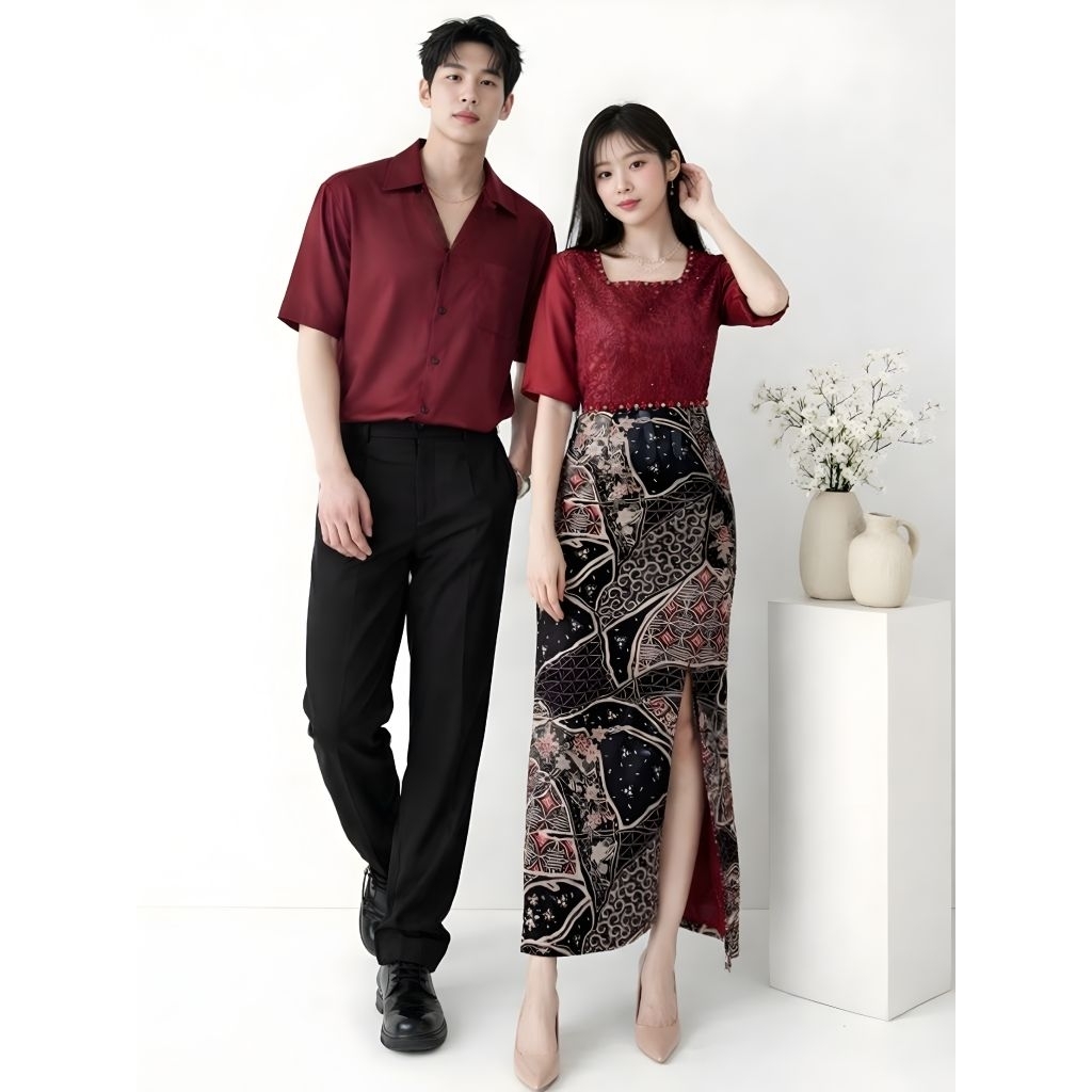 Baju Couple Kondangan Batik Brokat Elegan | Dress Wanita & Kemeja Pria Lengan Pendek | Couple Priwed