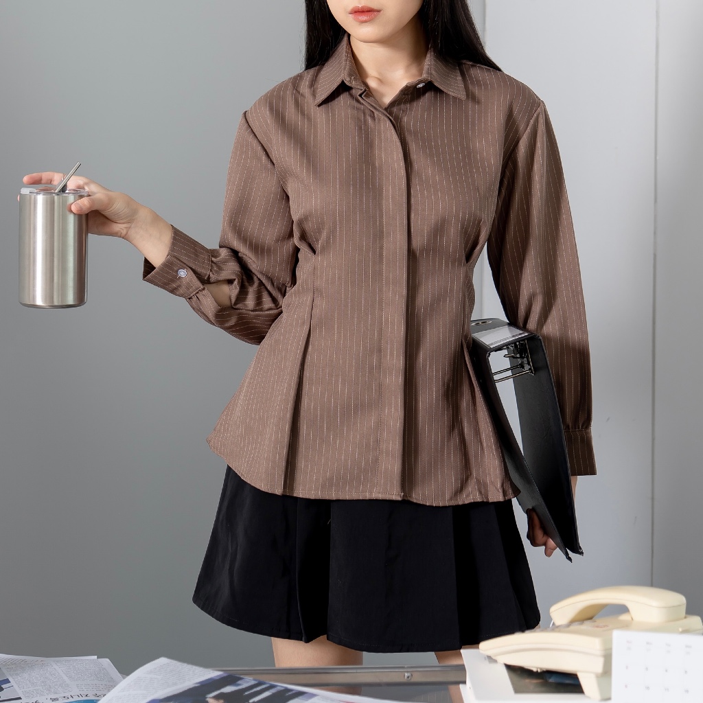 ARBA TOP / Kemeja Fitted Kemeja Kerja Wanita Blus Garis-Garis Lengan Panjang