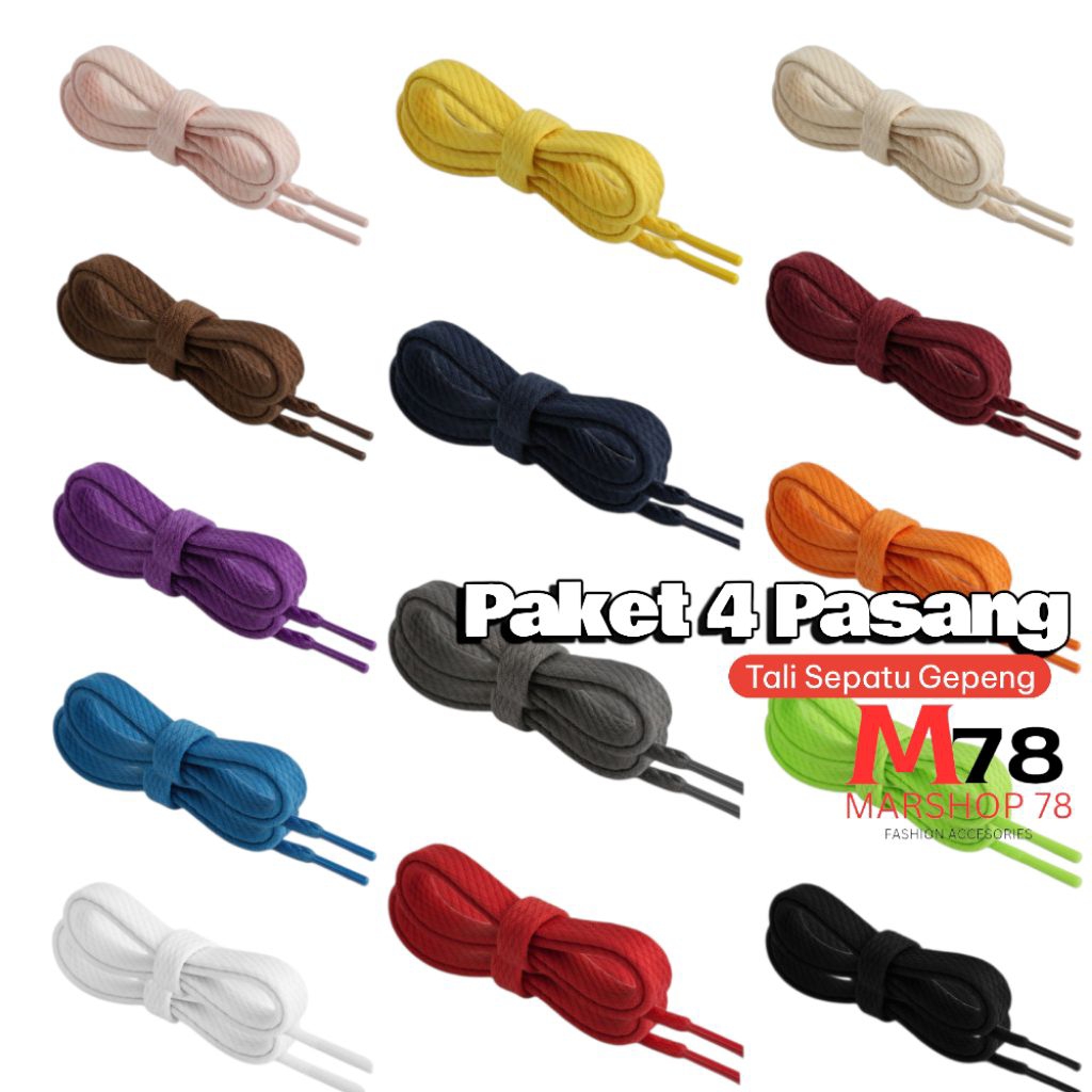 4 Pasang Tali sepatu gepeng polos warna futsal bola sneakers shoelaces 110 cm/8mm