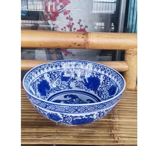 Mangkuk sayur keramik biru putih/com baskom keramik bulat tebal/mangkok besar keramik