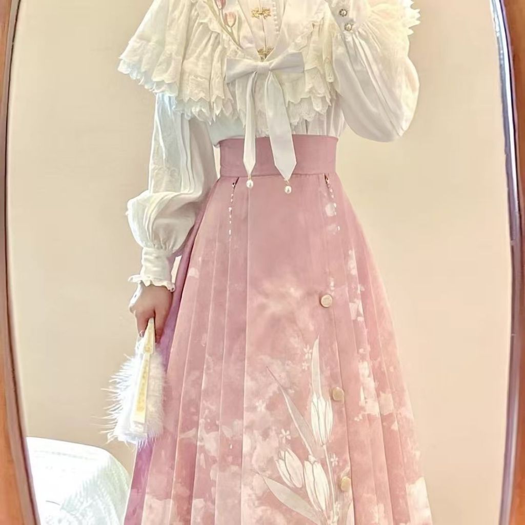 Rok Mamian Pink Gaya Cina Baru Wanita Berkualitas Tinggi Musim Panas  Set Dua Bagian Hanfu Elemen