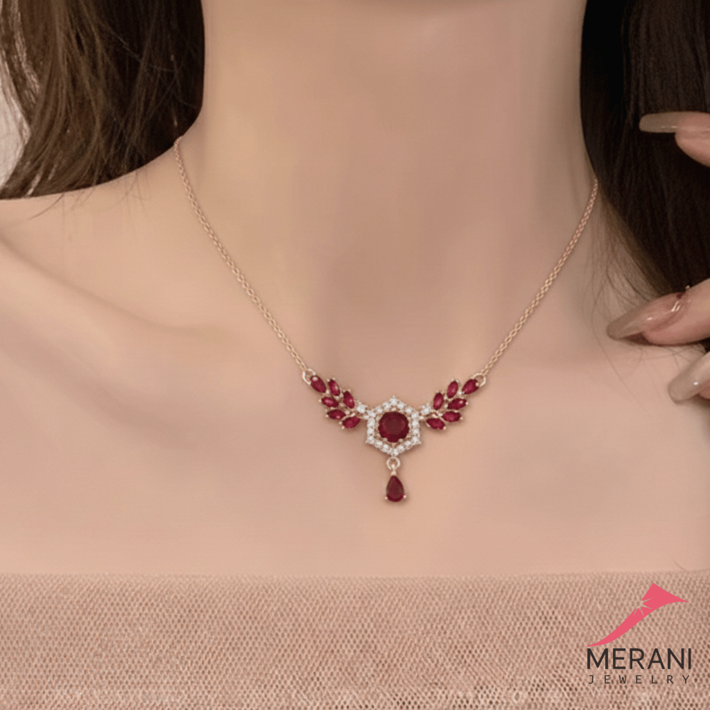 Merani Jewelry Kalung Koye Permata Daun Ruby Titanium Lapis Emas Anti Karat 109