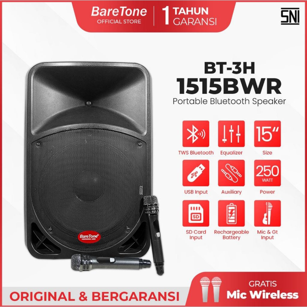 Speaker Aktif Portable Baretone BT-3H1515 BWR 1515BWR Original Baretone