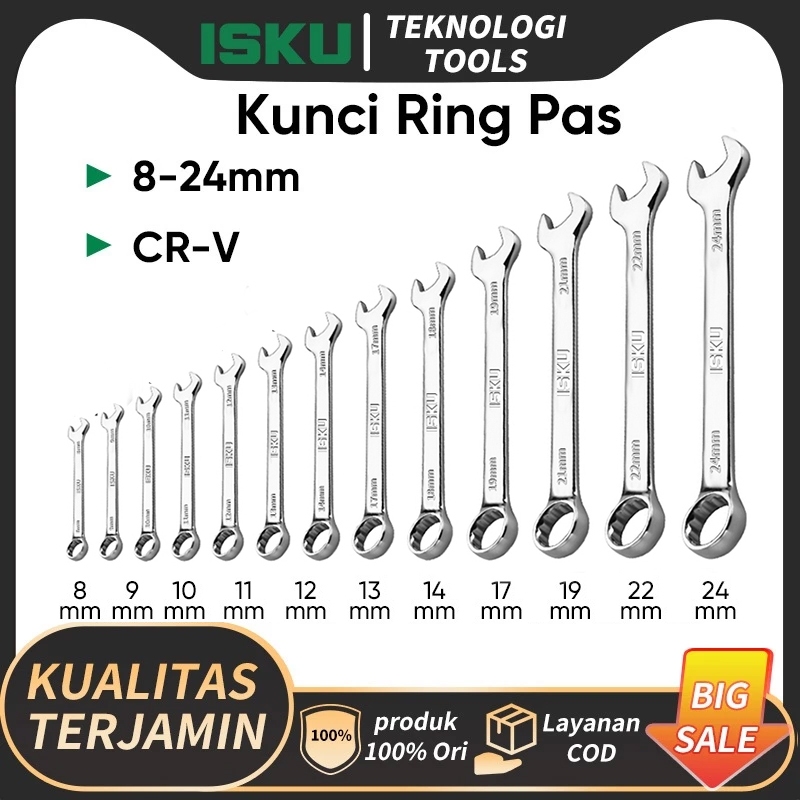 Isku Kunci Ring Pas Set 8-24mm 11pcs Dengan Tas Penyimpanan Alat Kunci Ring Pas/Kunci Pas