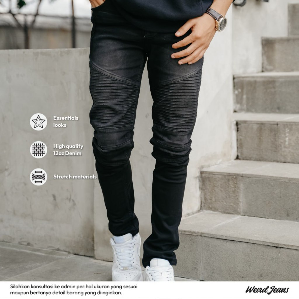 Weird Jeans  - Biker Western Black - Celana Jeans Panjang Biker Pria Slimfit Strech Ripped Jeans War