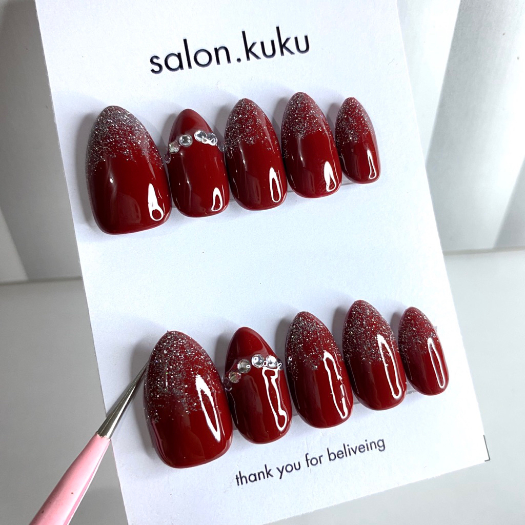 Kuku Palsu Weeding Maroon | Kuku Palsu Warna Maroon Nail Art + Lem | Kuku Palsu Almond Maroon Glossy