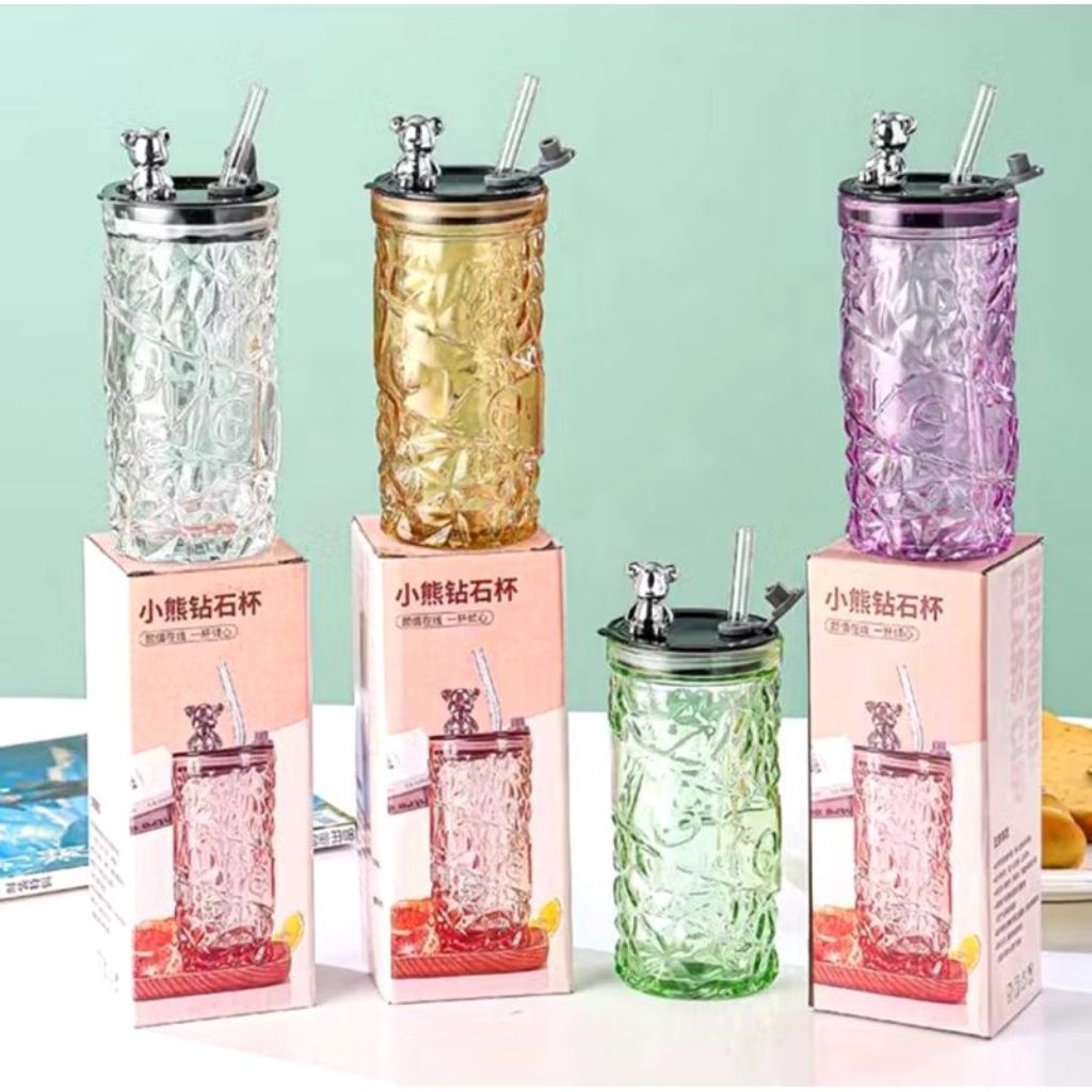 Gelas Kaca Kristal Panda Tumbler Glass Botol Minum Panas Dingin