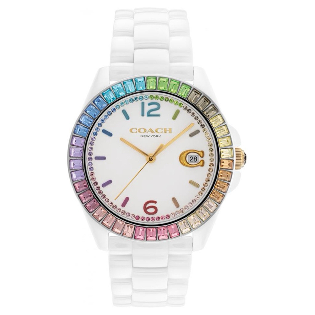 Coach Greyson 14504019 Ladies Rainbow Bezel White Ceramic Strap