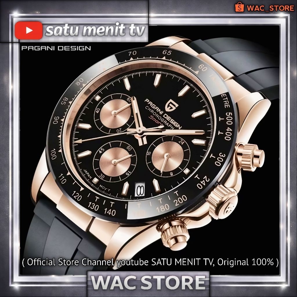 NEW PAGANI DESIGN DAYTONA GOLD BLACK DIAL CERAMIC BEZEL STEEL SOLID 316 L SAFIR + AR COATING WR 100 