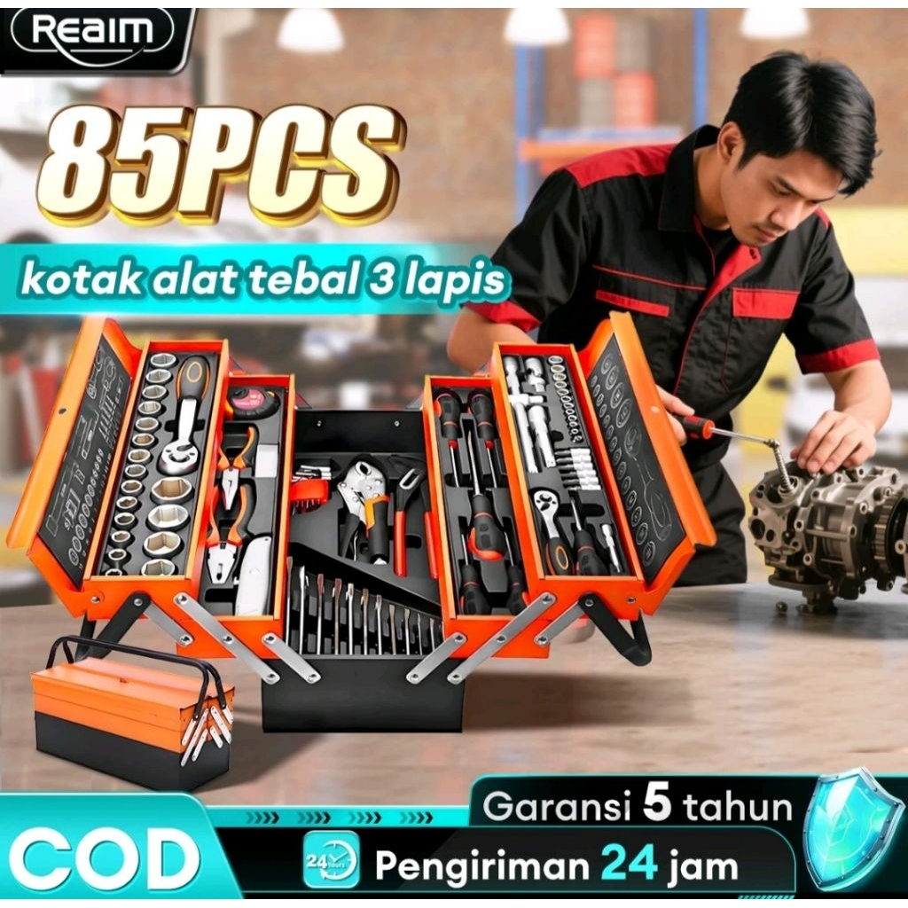 REAIM Tool Kit 85 Pcs, Tool Box Perkakas, Kunci Sok Set, Pekerjaan Mobil, Tool Box Set Alat Bengkel,