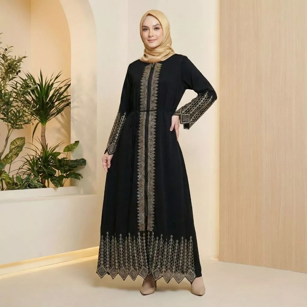 Gamis Hitam Mewah Elegan Farasya Dress SQ Size M L XL XXL LD 100-112 CM Bahan Jetblack Busana Muslim