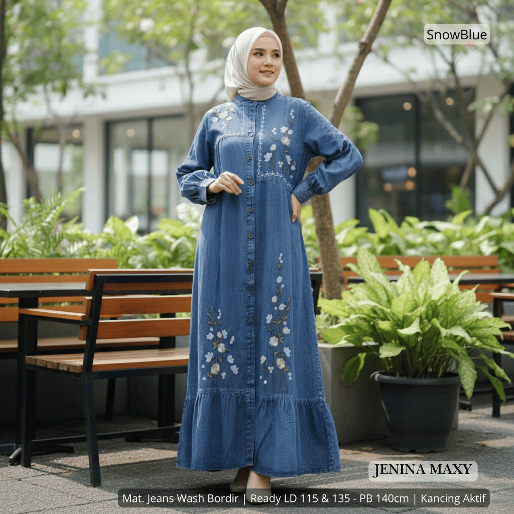Jenina Maxy Jeans Jumbo | Gamis Jeans Bordir LD 115-135 PB 140