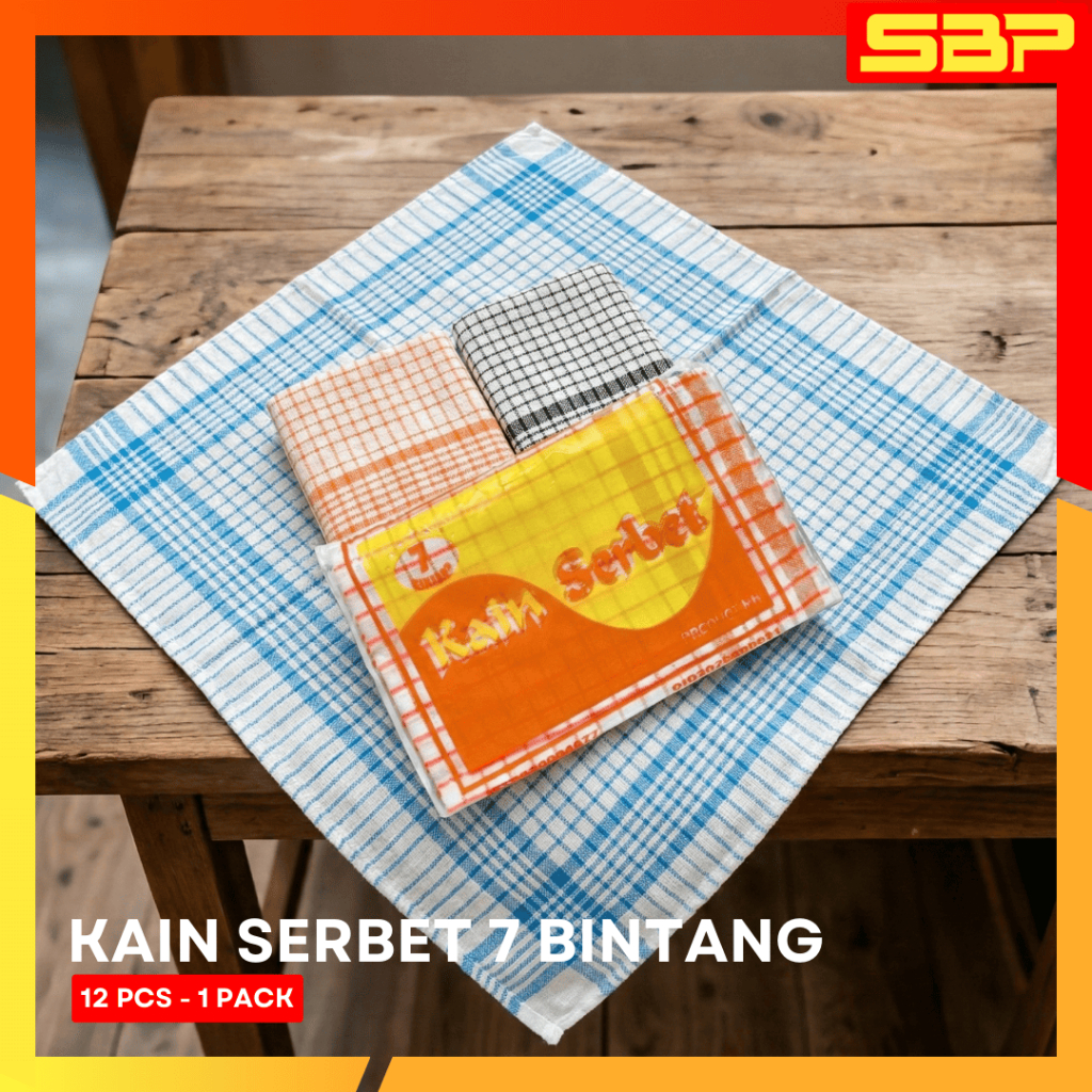 Kain Serbet / Lap Dapur 7 Bintang - 1 Pack Isi 12 Pcs - Motif Kotak Klasik, 100% Katun & Pinggiran R