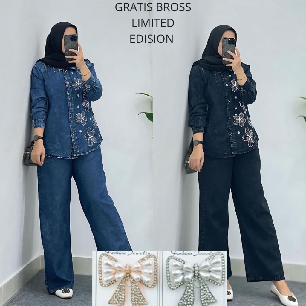 ONESET- COD ELSEN JEANS KULOT WANITA STANDAR  LD 110,SETELAN CELANA WANITA,ATASAN JEANS BORDIR, CELA