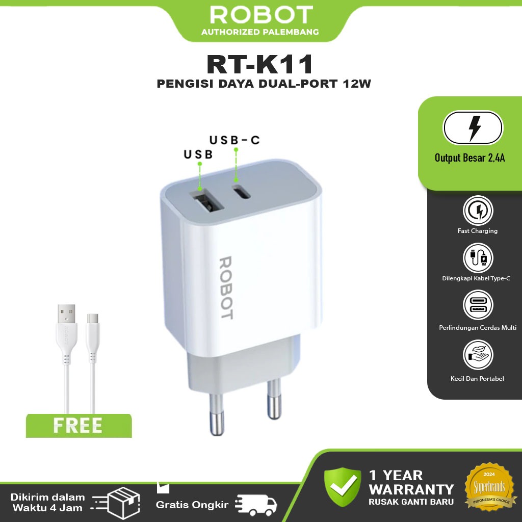 ROBOT Charger Fast Charging Dual Port 12W with Type C Cable 2.4A Adaptor Kepala Charger Adaptor Kepa