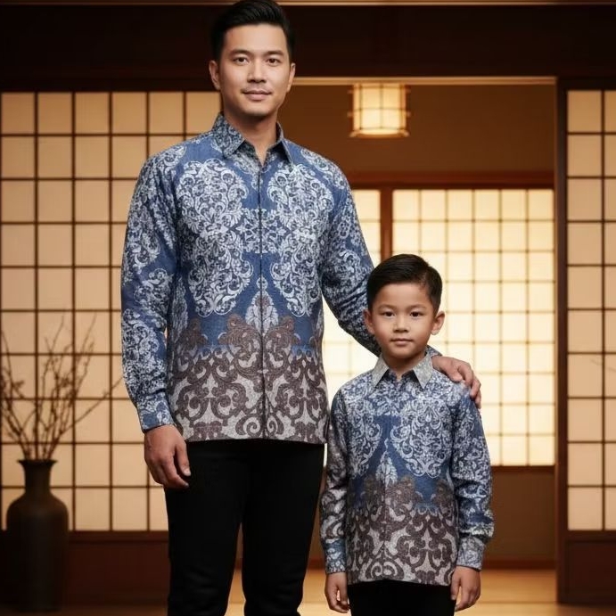 Zai Batik | Kemeja Batik Katun Silver Cokelat Sepasang Ayah Dan Anak Full Puring
