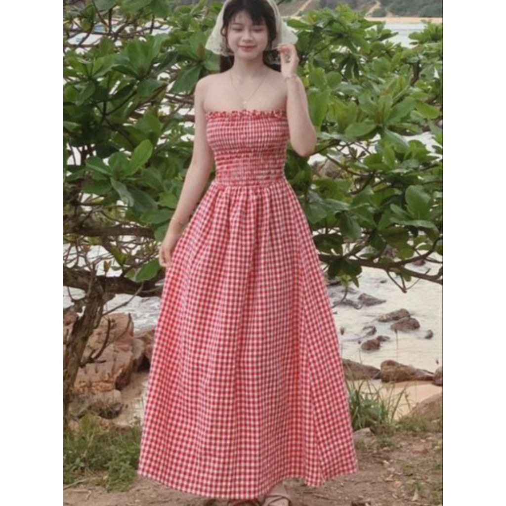 dress dia kemben motif kotak panjang maxi