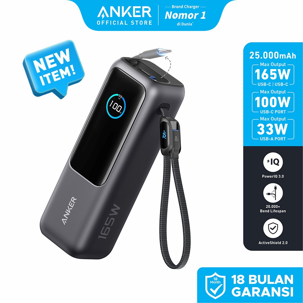 Anker Laptop Power Bank Smart Digital Display Touch 25.000mAh Triple 100W USB-C ports 165W GaN Fast 
