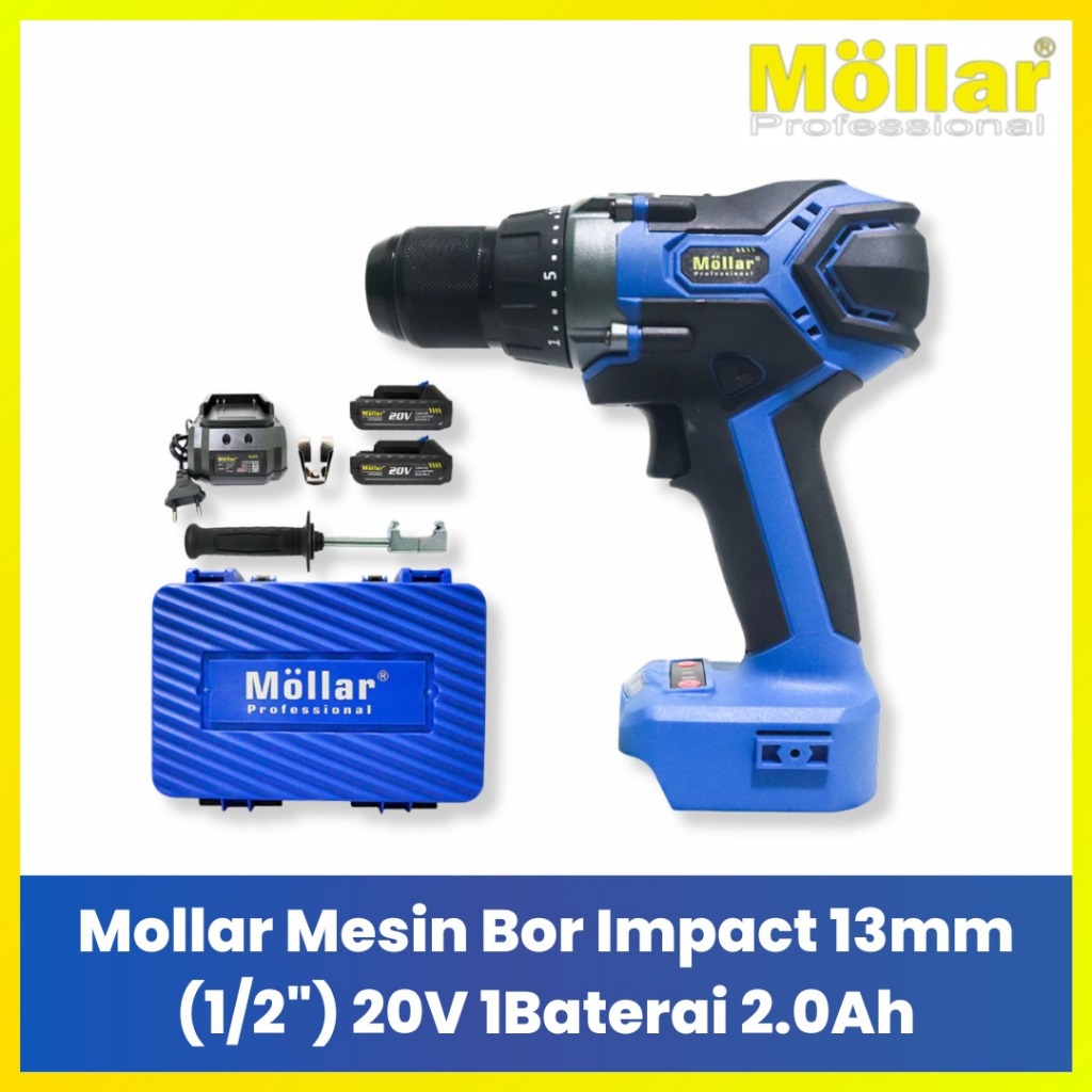 Mollar Mesin Bor 3 Fungsi Impact Drill 1Baterai 20V 13mm Besi Kayu Beton Lengkap
