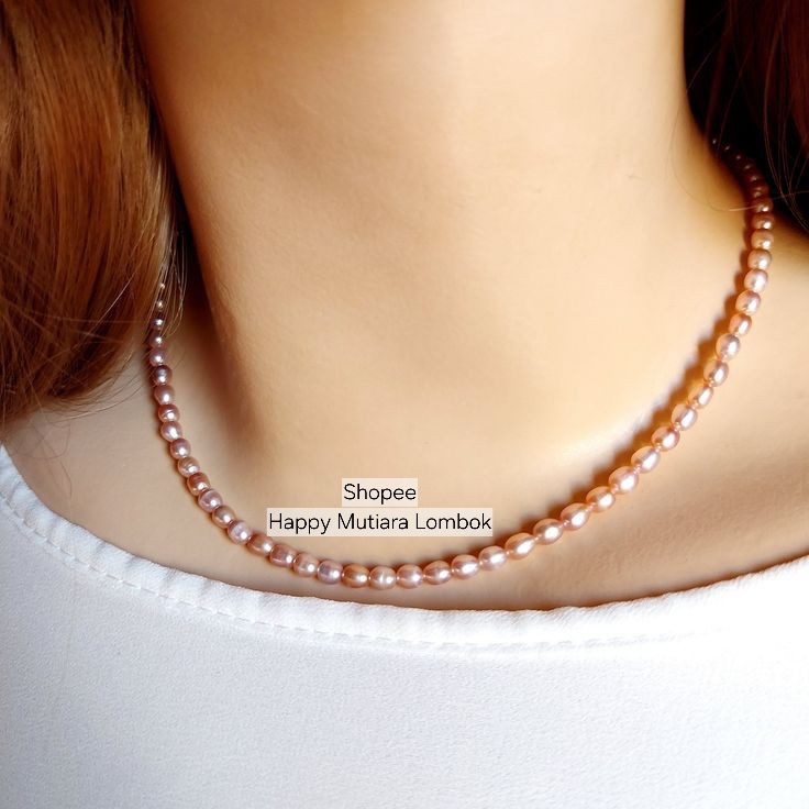 Kalung 40cm Mutiara Oval Mini Kecil Mungil Warna Salem Mutiara Asli Air Tawar