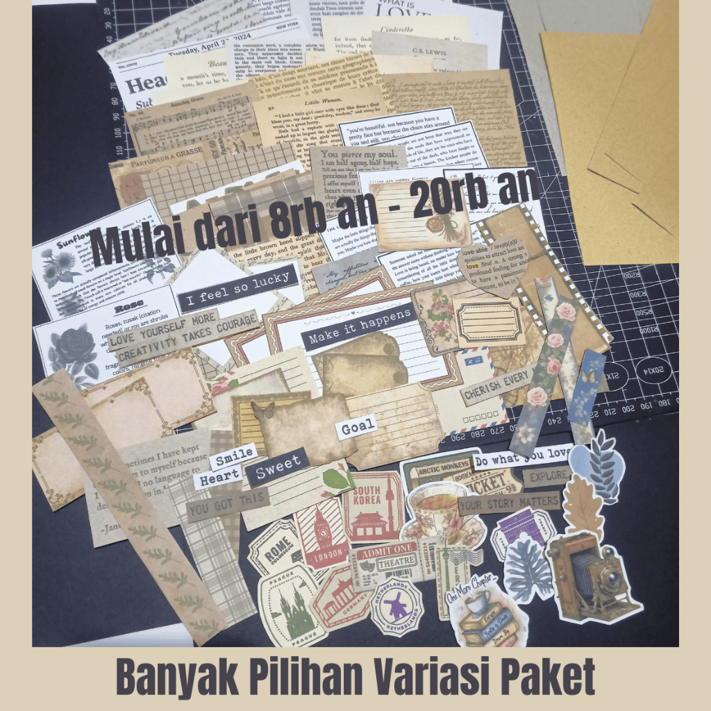 [145/90/ Biji] STICKER MATTE/DOFF JOURNAL KIT VINTAGE | PASTEL  + GUNTING dan Lem | PAKET JURNALING 