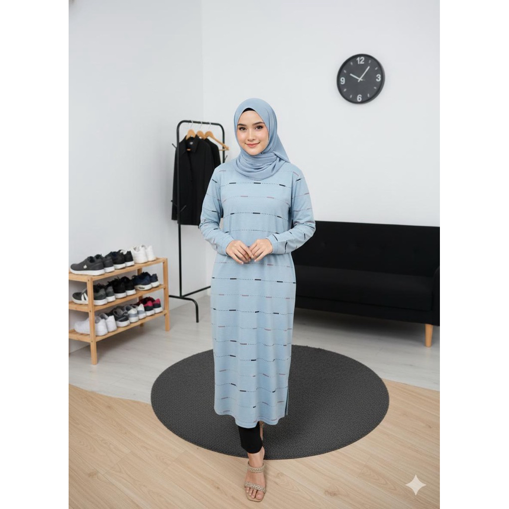 Tunik Kaos Wanita Korea Motif Garis Dot Long Top Oversize Light Blue Premium Atasan Wanita Tunik Mus
