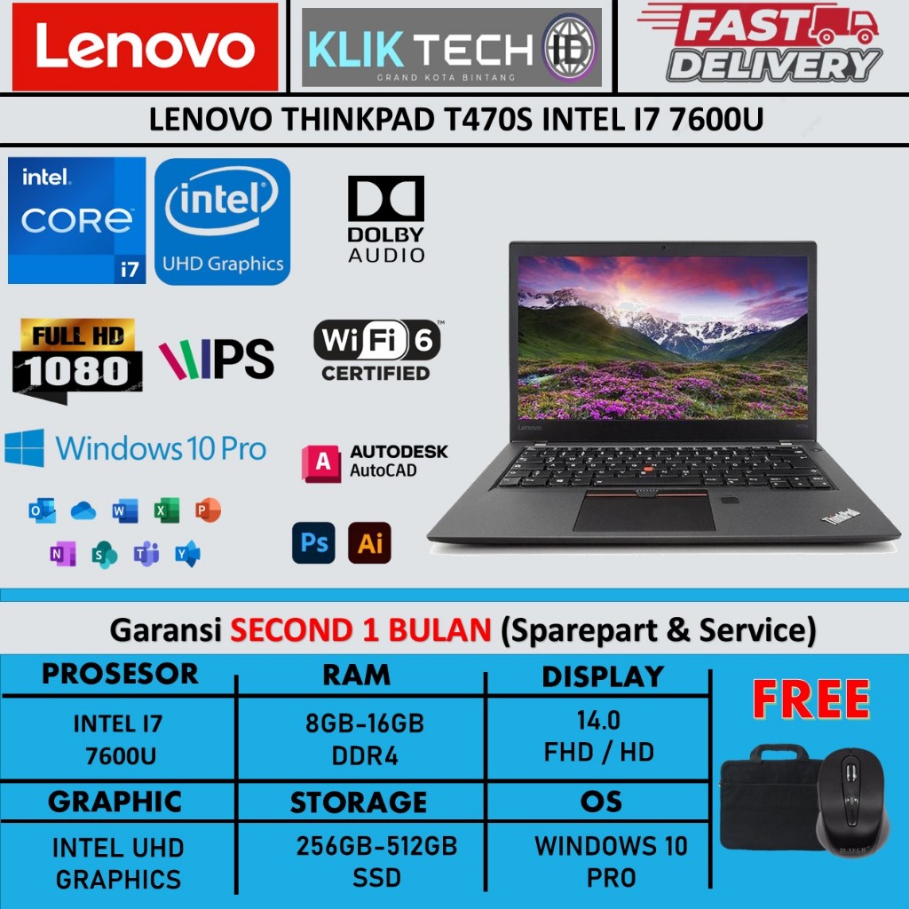 LENOVO THINKPAD T470S INTEL I7 7600U 16GB 256GB 14.0 FHD WIN10PRO BLACK