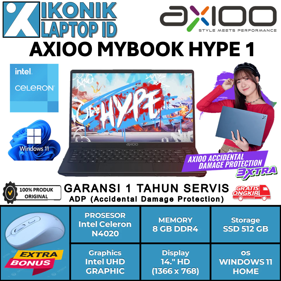 Laptop Axioo Mybook Hype 1 Intel N4020 8GB 512GB SSD Windows 11 Home Free Install Office