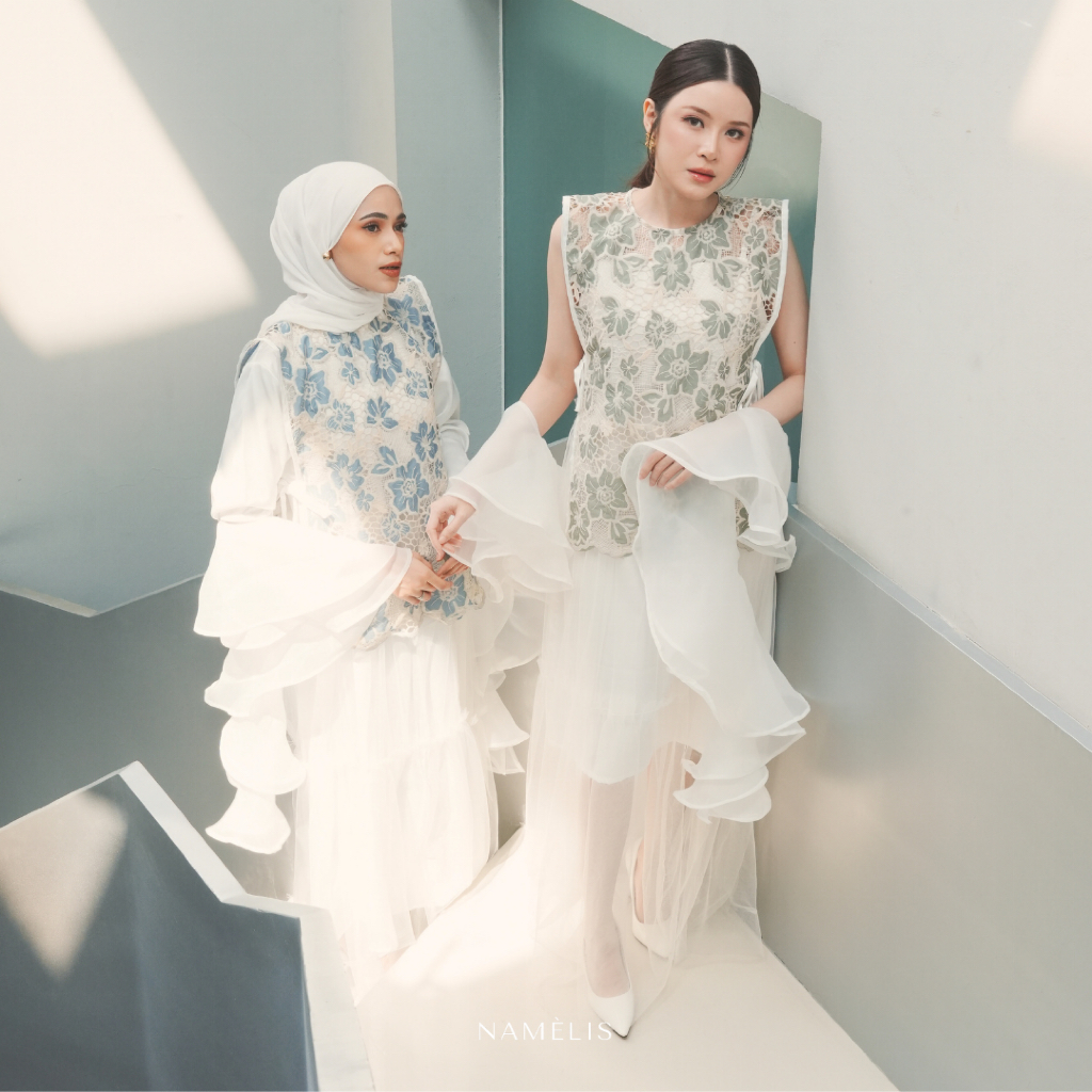 NAMELIS Delilah Dress | Set Floral Satin Tulle Dress Mewah untuk Outfit Iftar Bukber Buber Buka Bers
