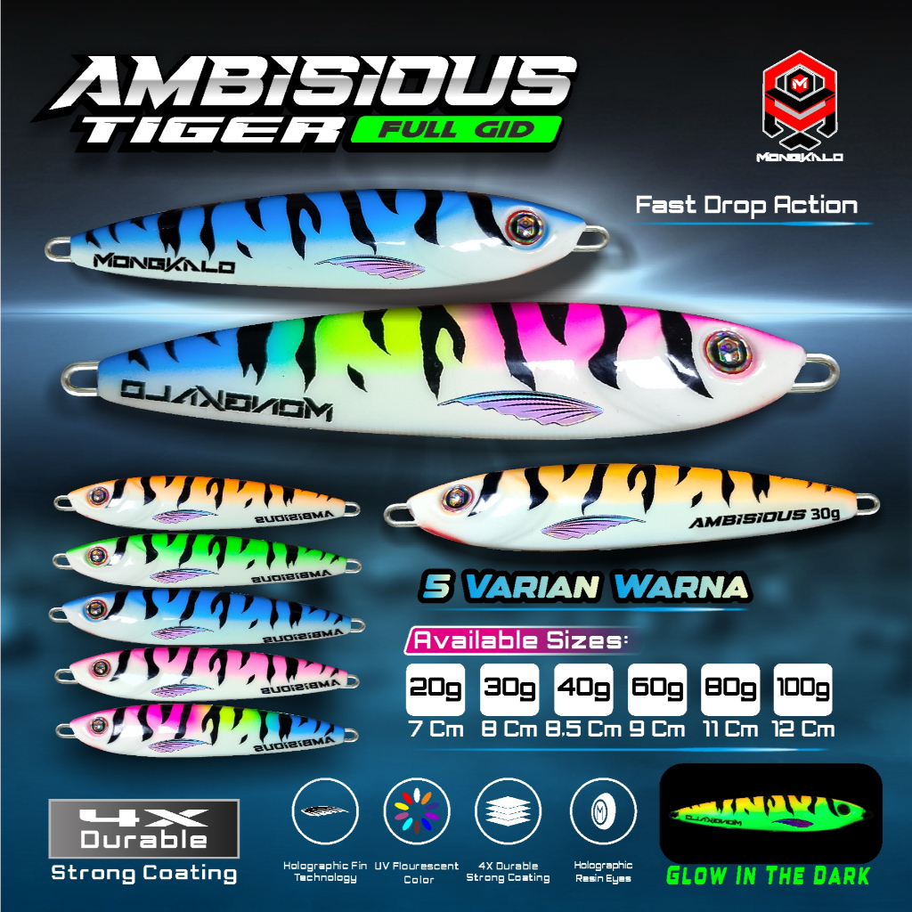 Umpan Jig MONGKALO AMBISIOUS Full GID Tiger 20g 30g 40g 60g 80g 100g Umpan Pancing Menyala Malam Har