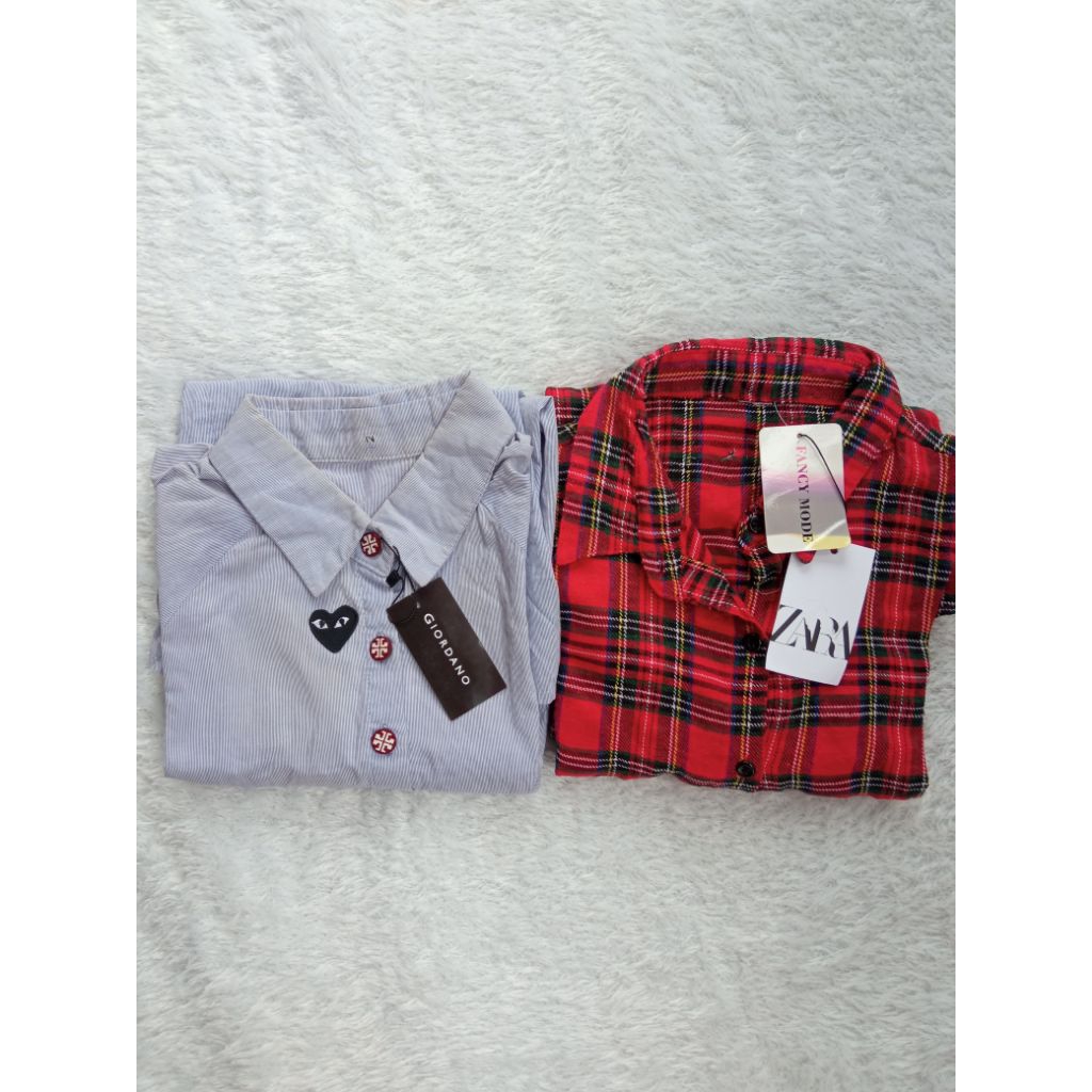 Paket Bundling Kemeja Blouse Zara Giordano Premium Stripe Salur Biru Muda Soft Sky Blue Putih Kotak 