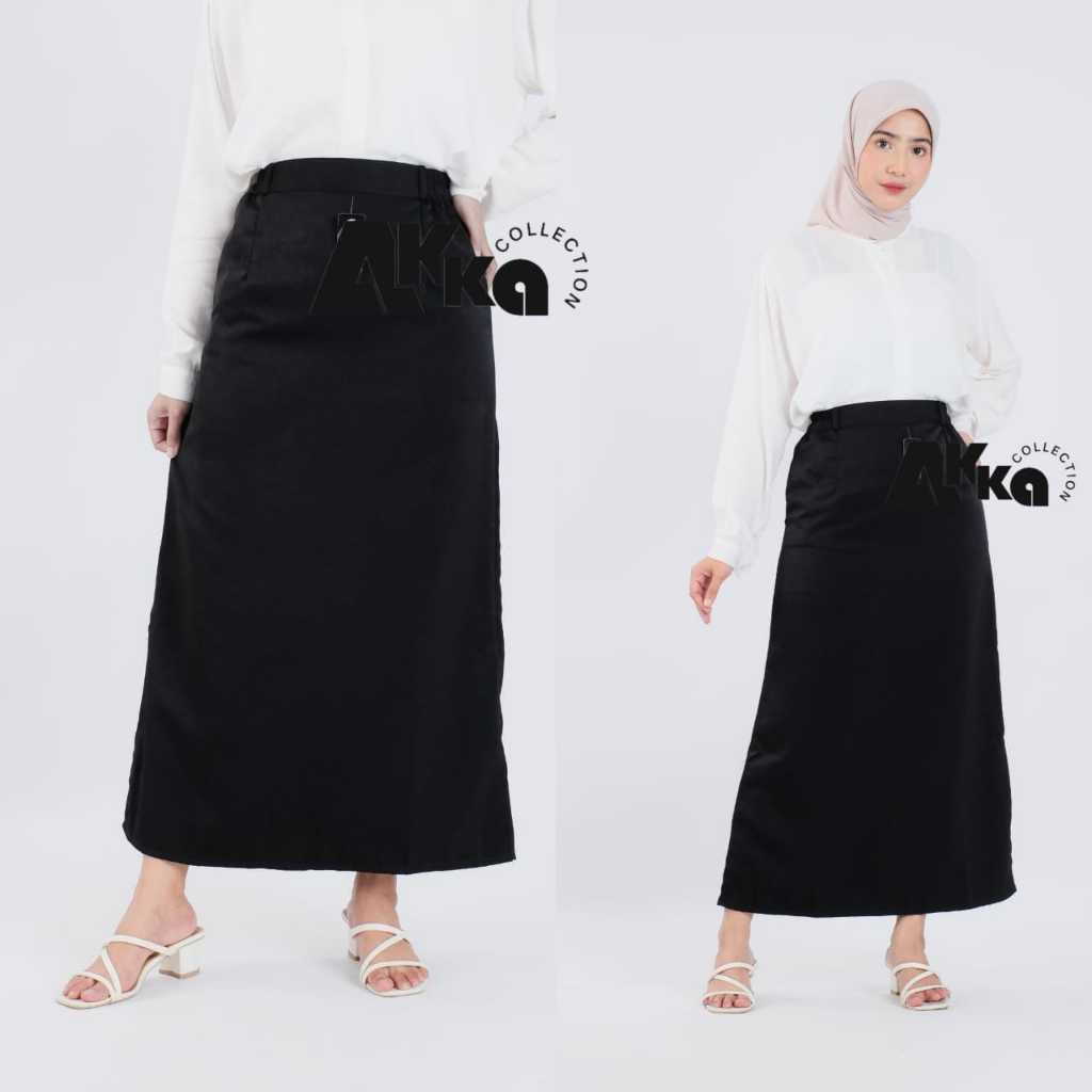 Rok Hitam Line A Pinggang Karet Samping Kuliah Wanita Kerja Dewasa Bahan Twiss Premium