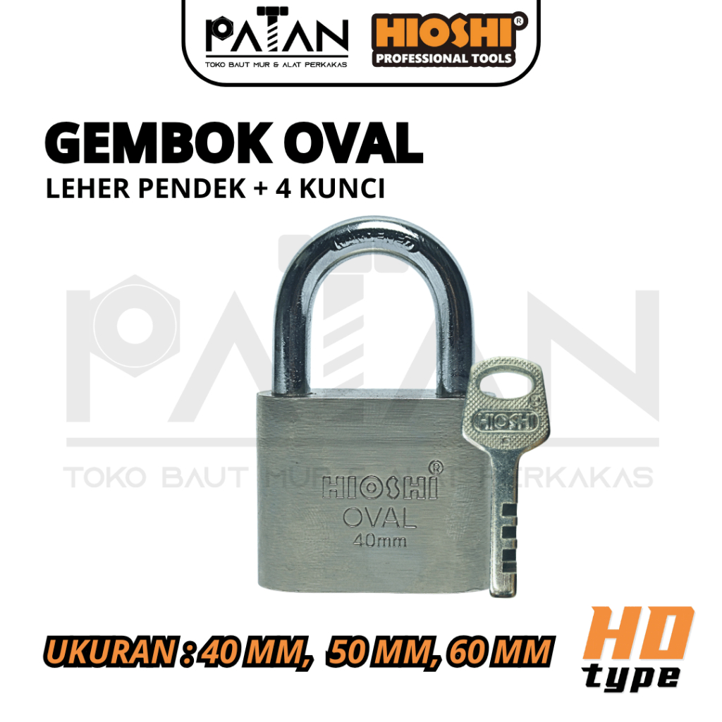 HIOSHI /Gembok Oval/LEHER PENDEK/Besi/Baja/Pagar/Satin/40 50 60 mm/Blister/Kunci 4bh - HD