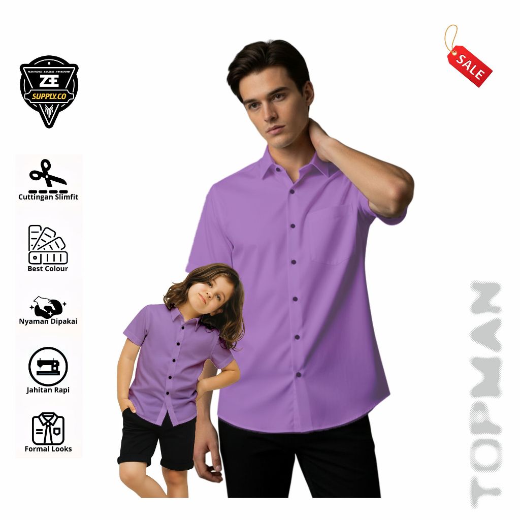 Kemeja Couple Ayah Dan Anak Warna Ungu Lilak Kemeja Polos Lengan Panjang Dan Pendek Katun Premium