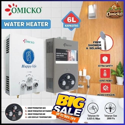 Water Heater Gas OMICKO 6L Pemanas Air Mandi Instan Cepat Panas Hemat Gas + Shower