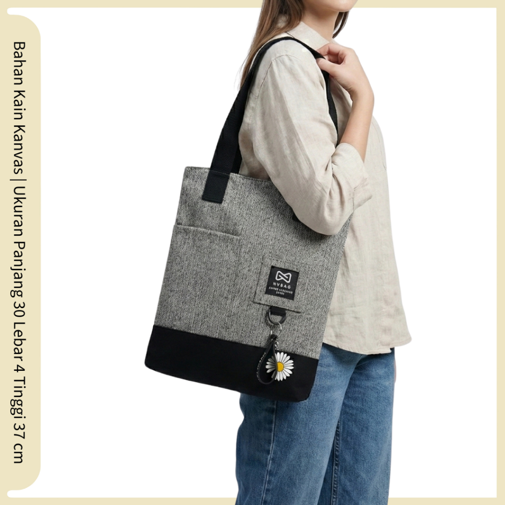 Tas Tote Bag Kanvas Wanita Pria Aesthetic Buat Kuliah Kerja - Tas Bahu Muat Laptop Resleting & Saku