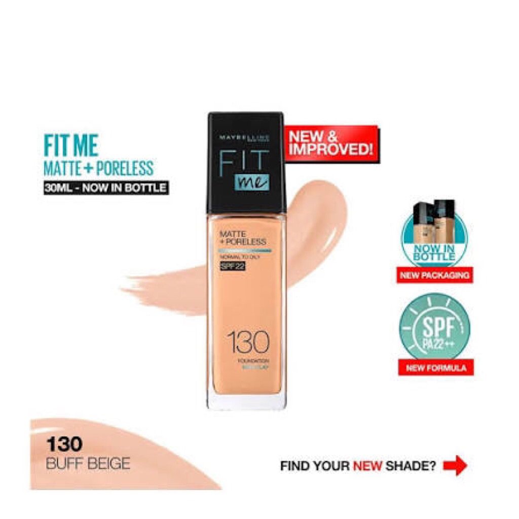Maybelline Fit Me Matte Shade 130 buff beige + Poreless Foundation 30ml - Full Coverage, Oil Control