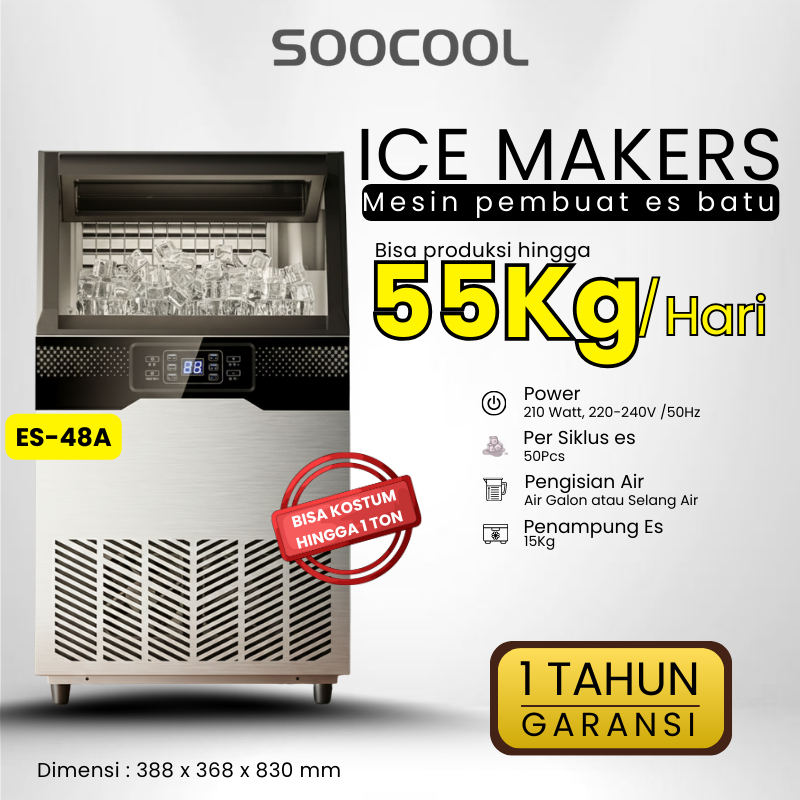 Mesin Pembuat Es Batu ESCOOL 24-55 Kg Mesin Es Batu Komersil, Ice Maker Machine 220-300 Watt