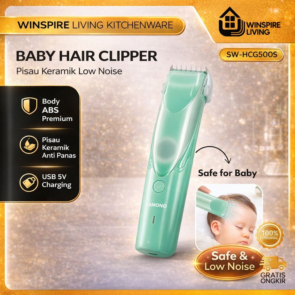 SAMONO Baby Hair Clipper SW-HCG500S Low Noise <50dB, Pisau Keramik, Waterproof, 50 Menit Pemakaian, 