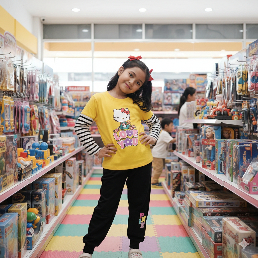 Atasan Dan SET LP Baju Viral Anak Kaos Lengan Kombinasi Salur Anak Perempuan Kity Lv U Cln DTF Pink