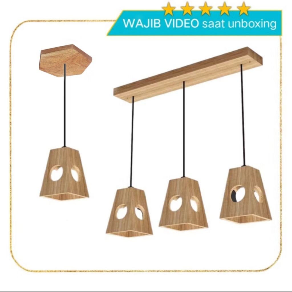 Lampu Gantung Kap Kayu 3/1 Set | Fitting Lampu Gantung Estetik untuk Cafe & Ruang Makan
