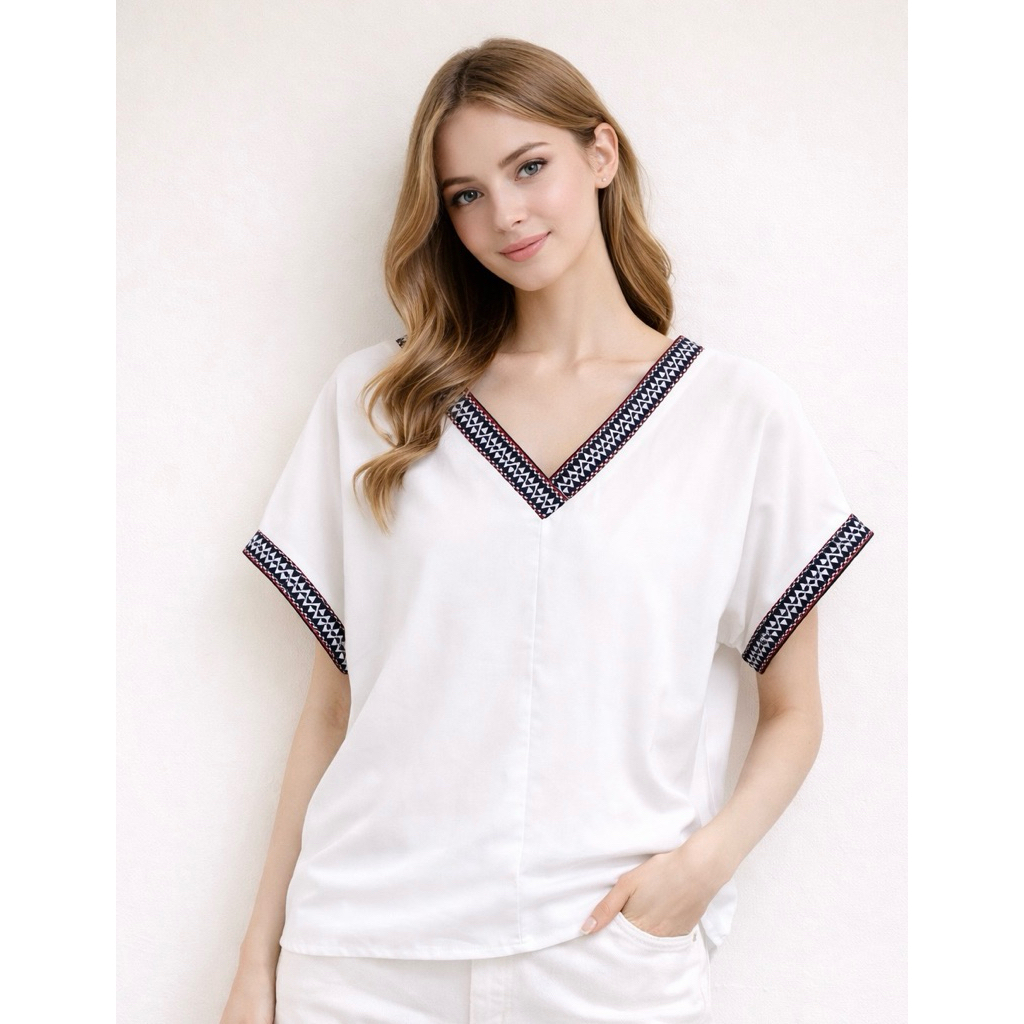 Baju putih bordir / blouse bordir cantik / blouse katun murah / loose lengan pendek / baju bohemian 