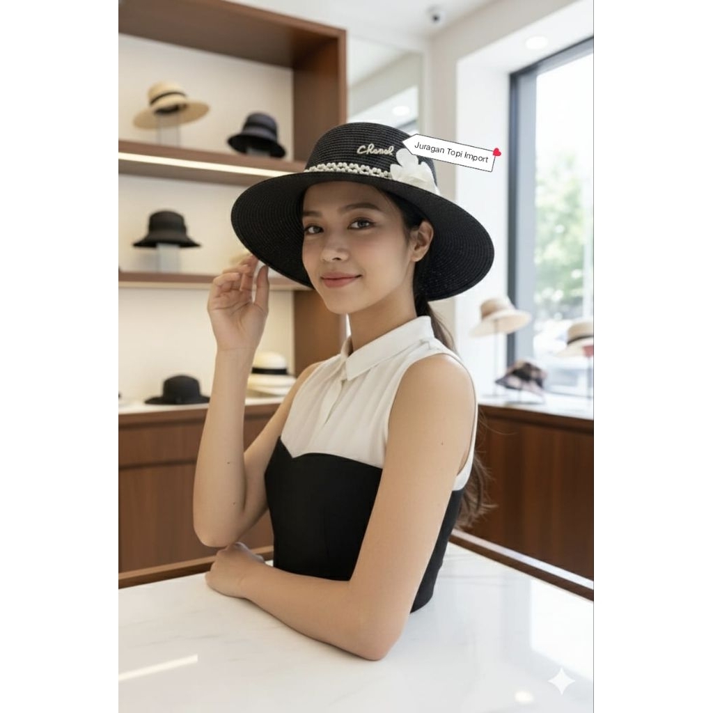 Topi Pantai CH jerami , Topi Pantai Lebar Anti Panas, Topi pantai Import Premium