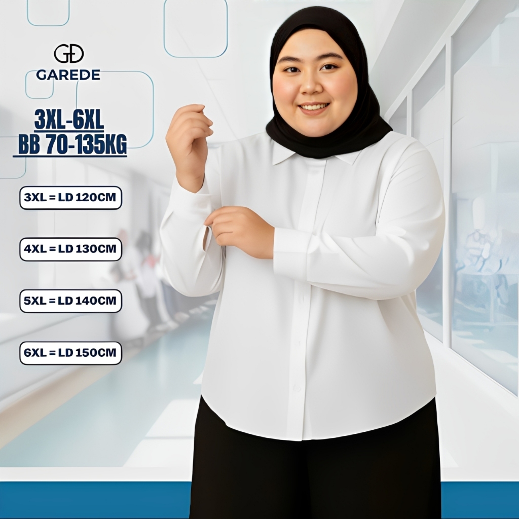 Garede Oversized Shirt - Kemeja Putih Wanita Lengan Panjang Polos Atasan Jumbo LD 120 130 140 150