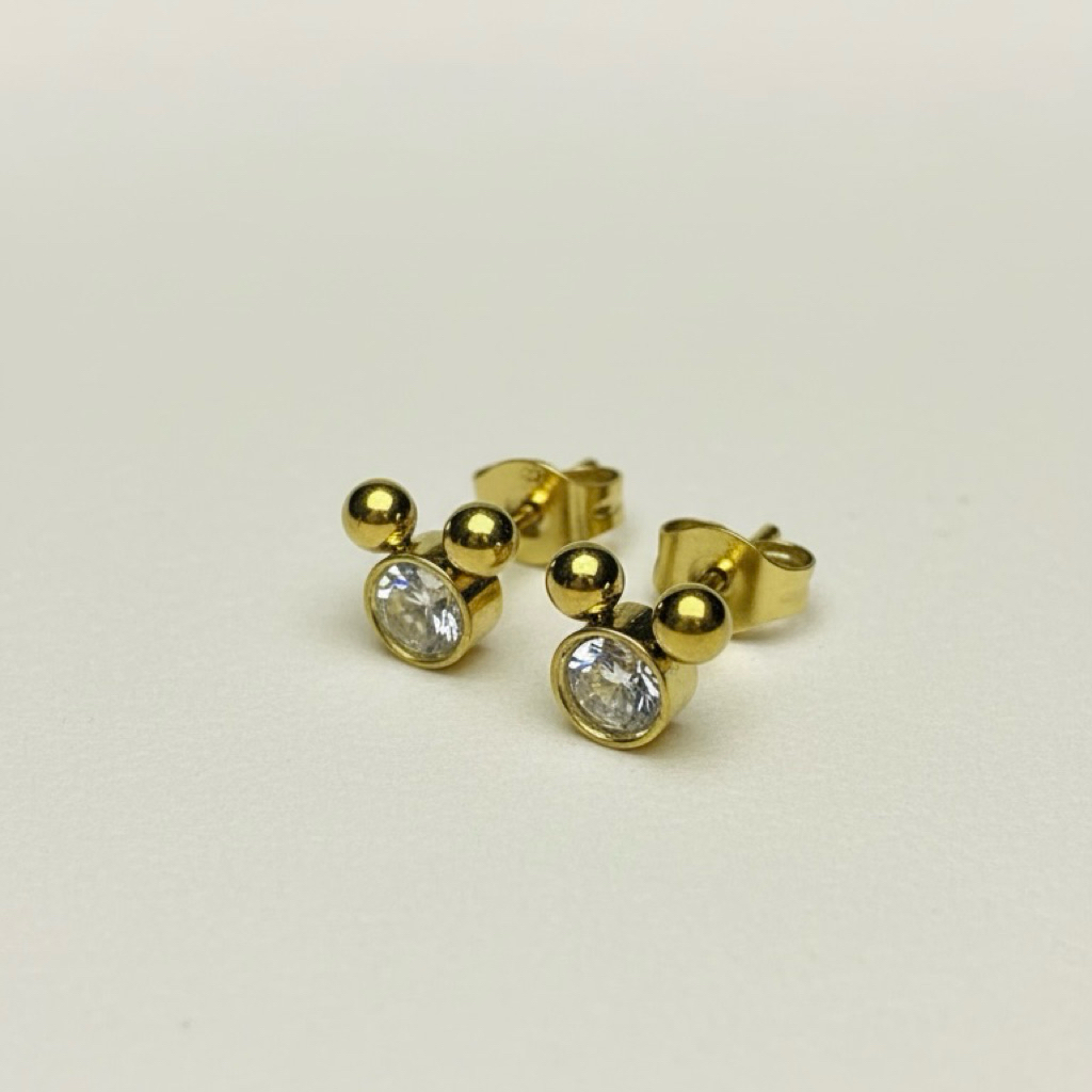 A007 Anting Titanium Wanita Stud Minimalis Bola & Zircon Warna Gold Elegan