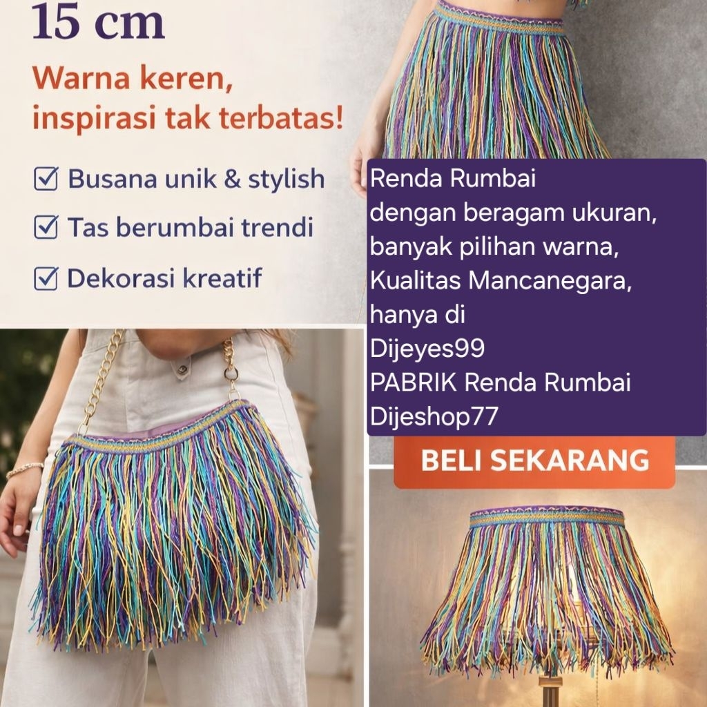Renda Rumbai Premium Kombinasi Warna Gold Ungu Turkis Ukuran 15 cm ( METERAN ) Renda Rumbai perpadua