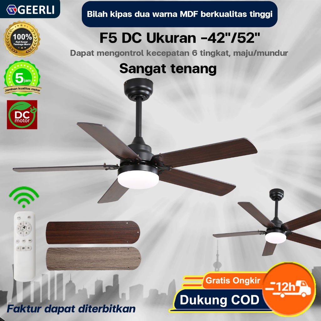 Geerli COD, kipas angin gantung dengan lampu remote 42/52 inci, bilah MDF dua warna, 6 tingkat kecep