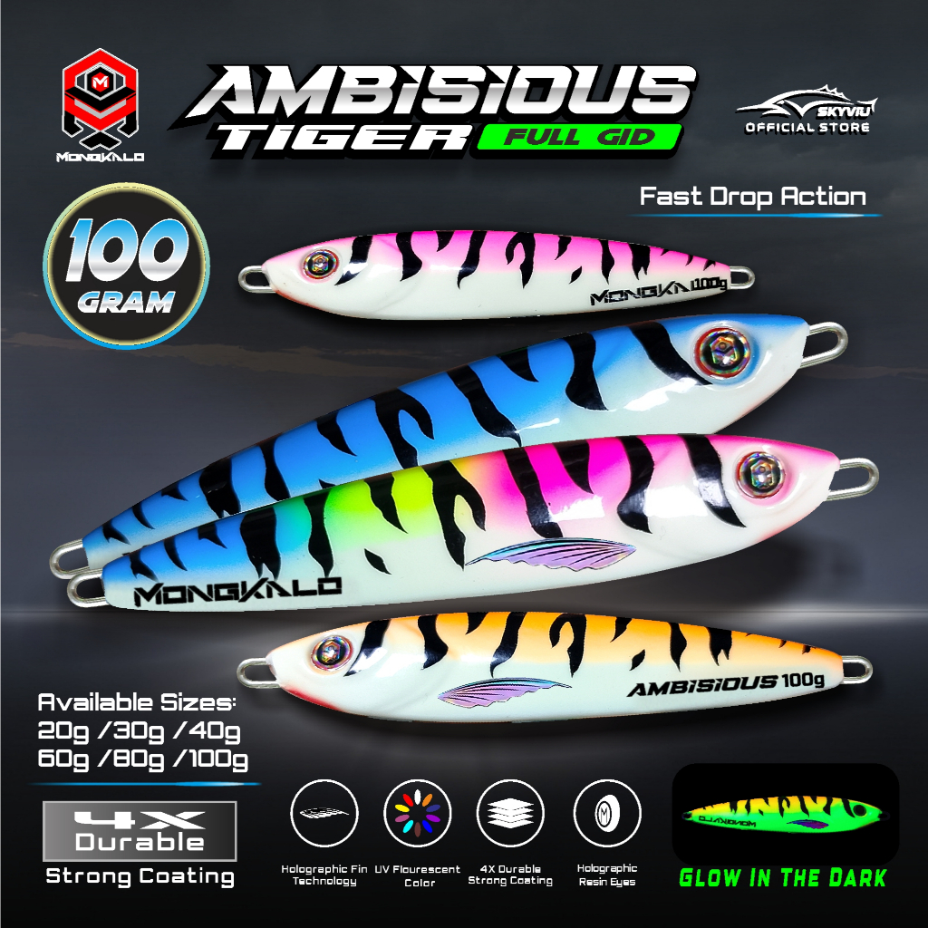 MONGKALO AMBISIOUS TIGER 100 gr Full GID Fosfor UV Neon Metal Jig 100gr 100gram Umpan Pancing Laut 1