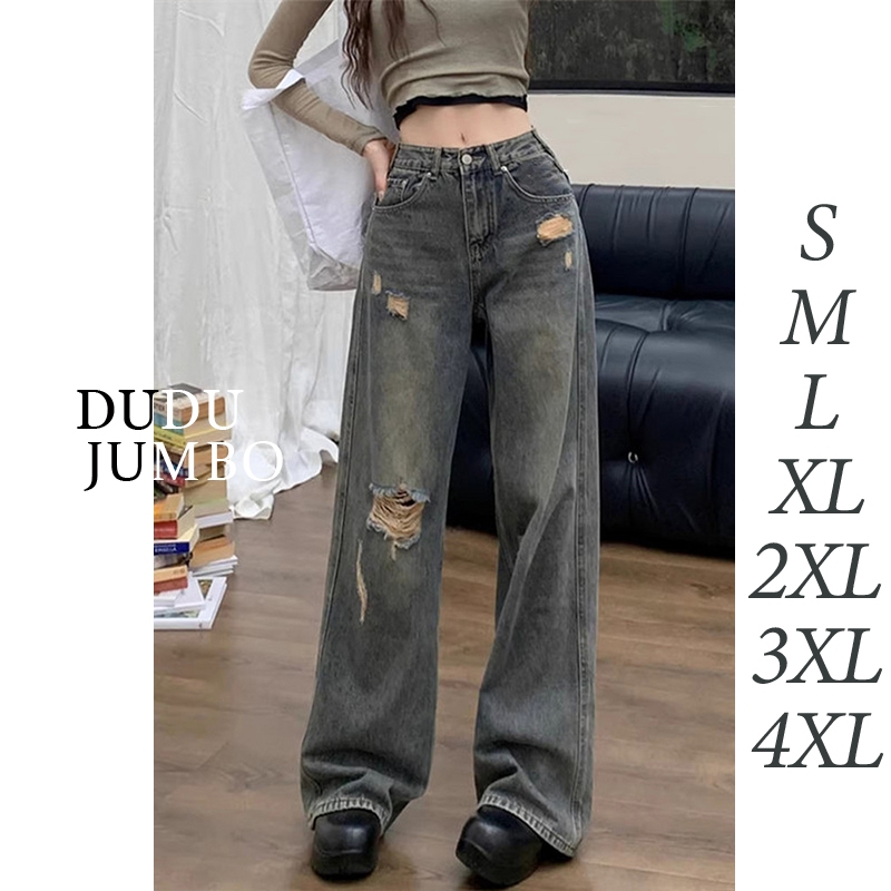 Highwaist Baggy Jeans Wanita retro  jeans celana kulot jeans sobek  jumbo